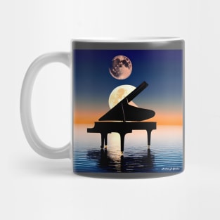 A Piano Sitting On Water At Dusk With 2 Planets In The Background. Mug